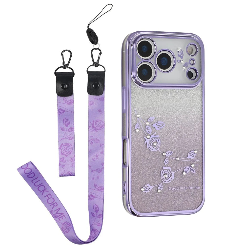 KADEM For iPhone 17 Pro Case Flower Pattern TPU Gradient Phone Cover with Lanyards - Purple - 1