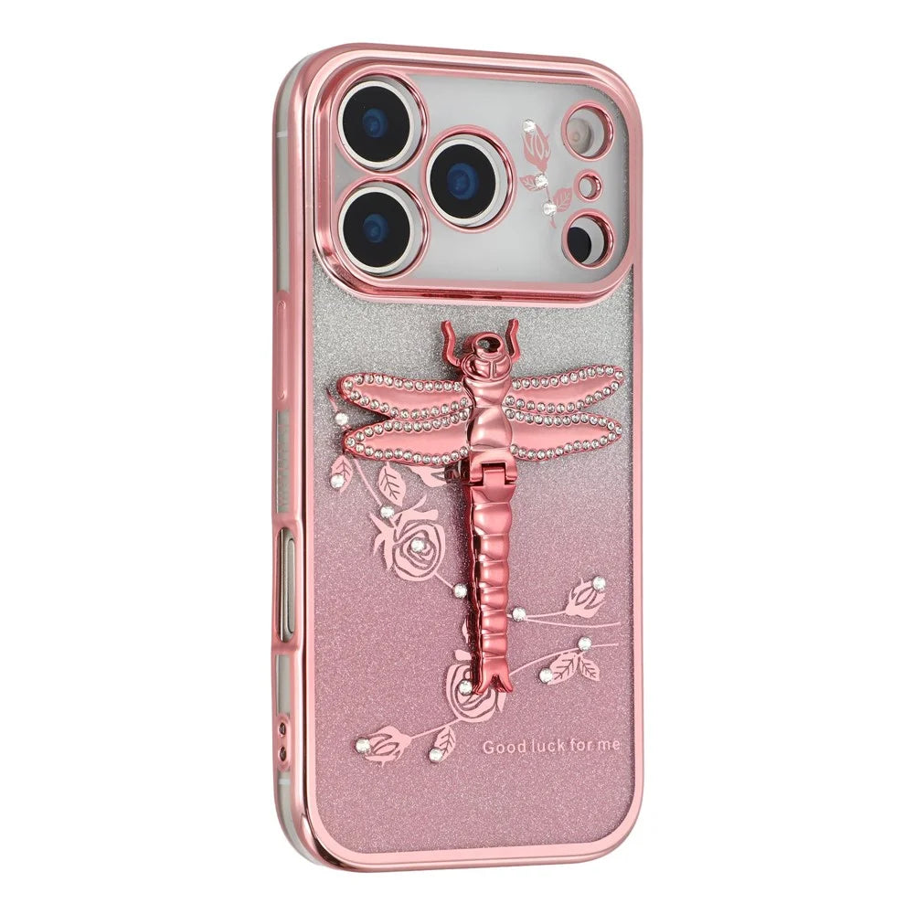 KADEM For iPhone 17 Pro Max Case Dragonfly Kickstand TPU Flowers Glitter Phone Cover - Pink - 1