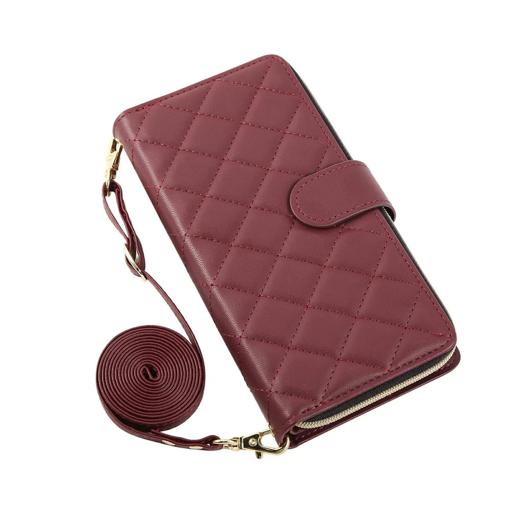 For iPhone Air Case Zipper Wallet Rhombus PU Leather Crossbody Phone Cover - Wine Red - 6