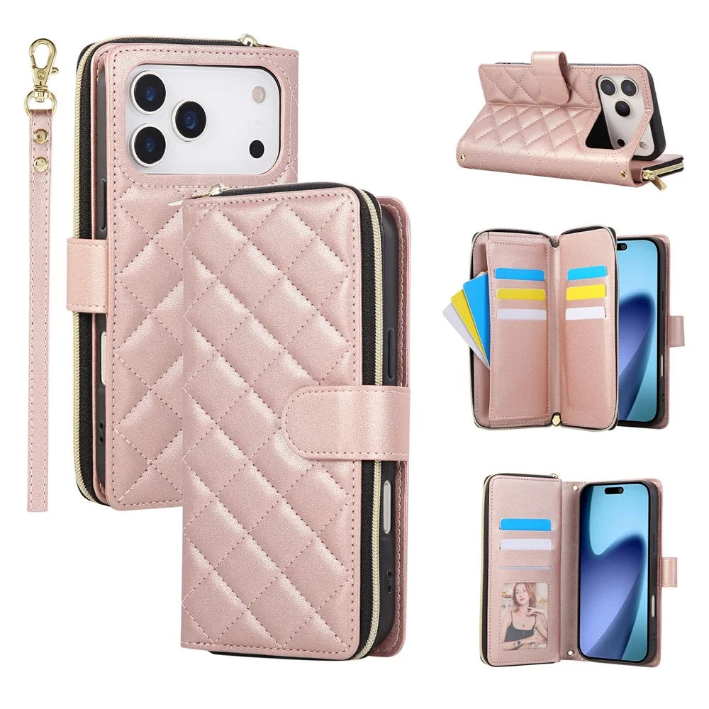 For iPhone 18 Pro Max / 17 Pro Max Case Zipper Wallet Rhombus PU Leather Crossbody Phone Cover - Rose Gold - 1