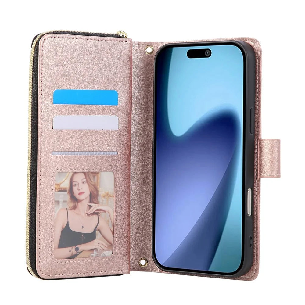 For iPhone 18 Pro Max / 17 Pro Max Case Zipper Wallet Rhombus PU Leather Crossbody Phone Cover - Rose Gold - 2