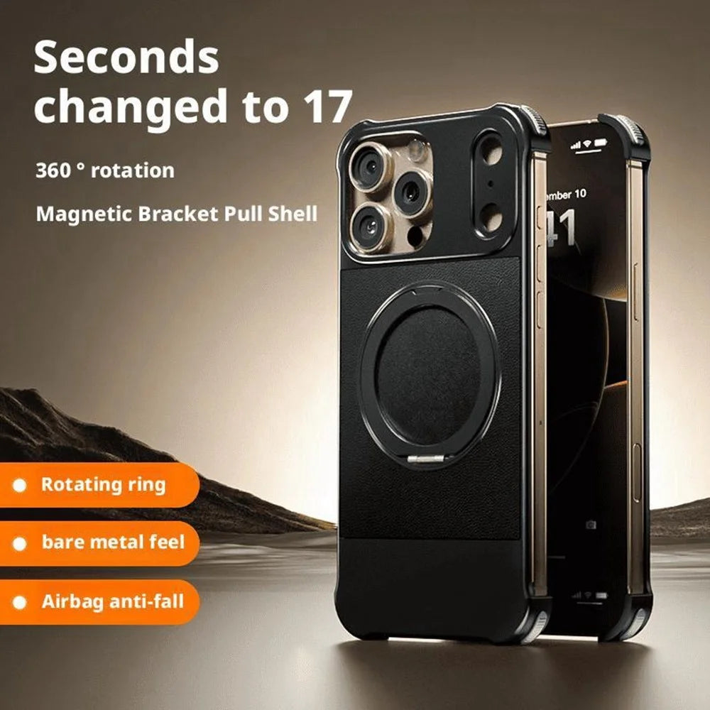 For iPhone 16 Pro Max Magnetic Case with Kickstand Borderless PU + Metal Drop Proof Phone Back Cover - Black - 3