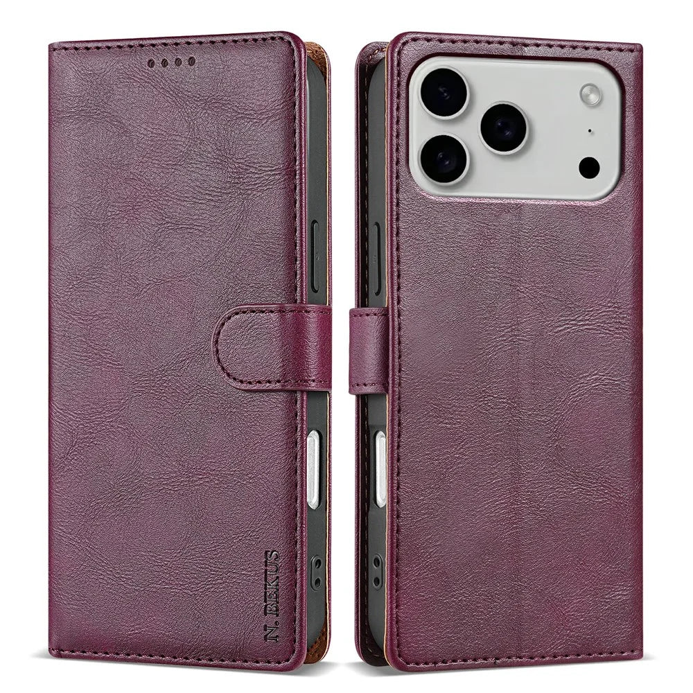 N.BEKUS CSJ-001 For iPhone 18 Pro Max / 17 Pro Max Stand Case PU Leather Wallet Phone Cover - Wine Red - 1