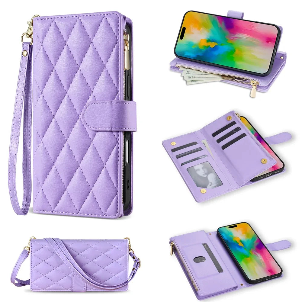 For iPhone 18 Pro Max / 17 Pro Max Case Rhombus Stitching Leather Wallet Phone Cover with Long  /  Short Strap - Light Purple - 1