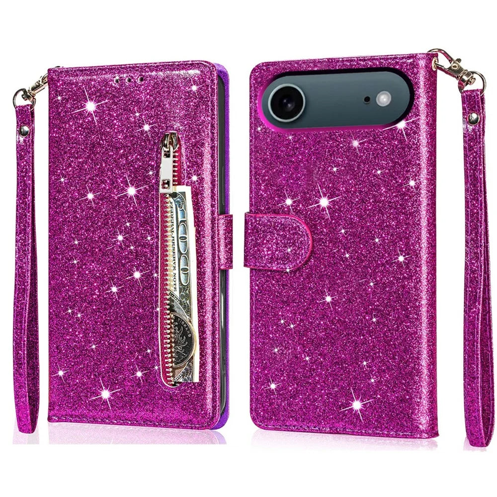 For iPhone Air Stand Case Glitter Phone Leather Cover Zipper Pocket - Purple - 1