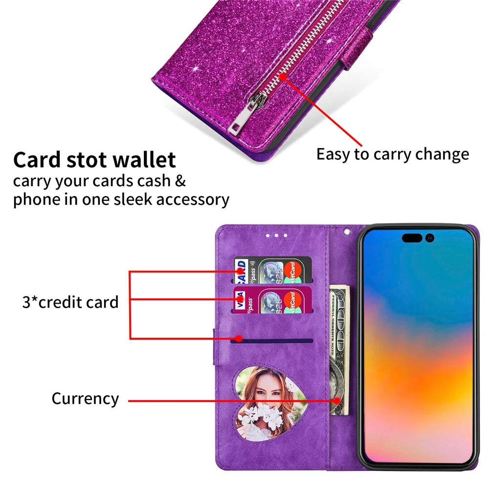 For iPhone Air Stand Case Glitter Phone Leather Cover Zipper Pocket - Purple - 4
