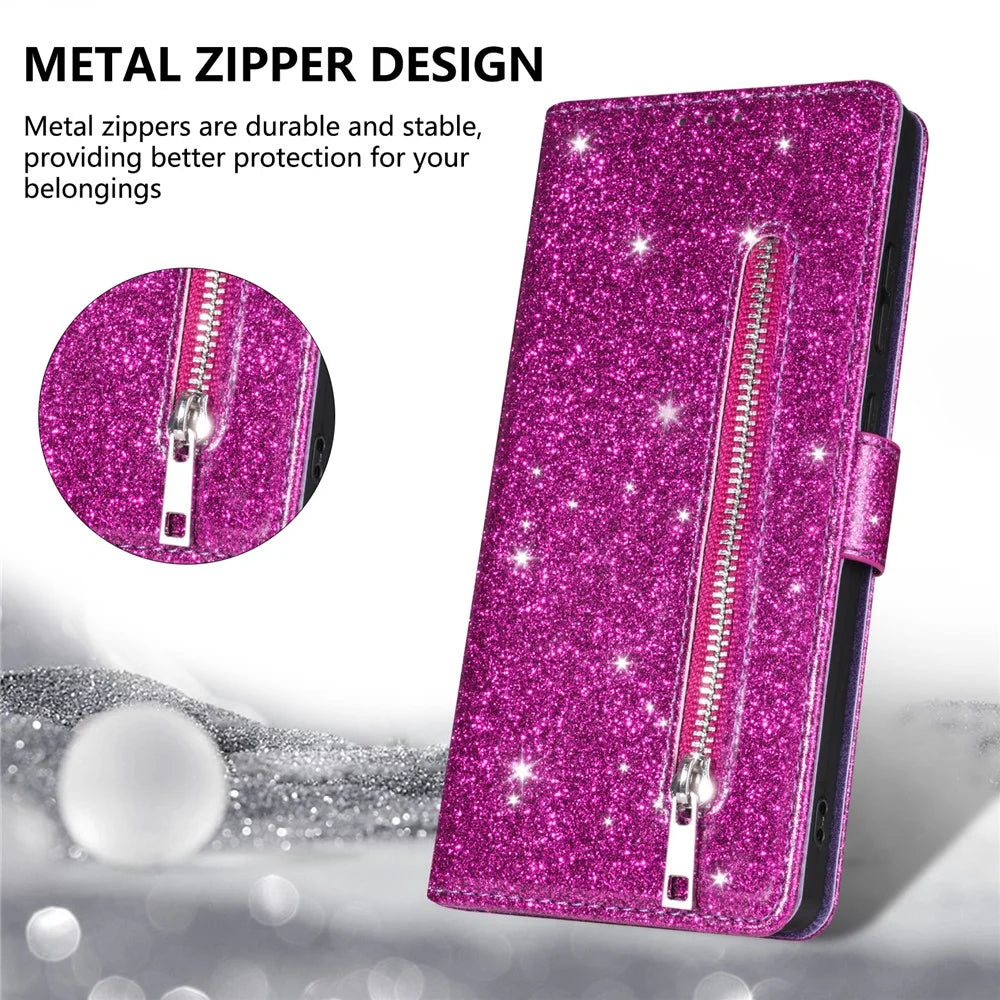 For iPhone Air Stand Case Glitter Phone Leather Cover Zipper Pocket - Purple - 6