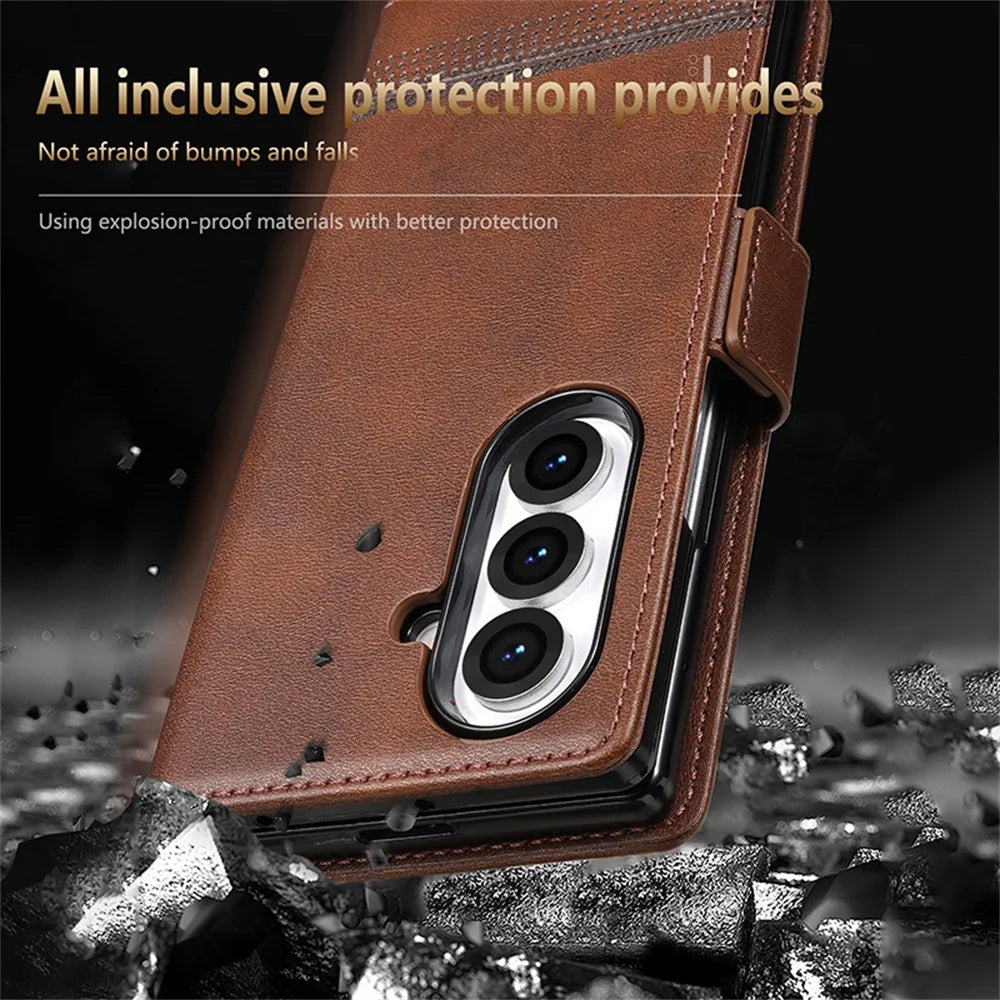 AZNS For Samsung Galaxy Z Fold7 5G Case Cowhide Texture PU Leather Wallet Phone Cover - Coffee - 4