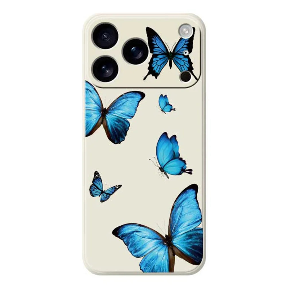 For iPhone 18 Pro / 17 Pro Case Blue Butterflies Pattern Printing Straight Edge TPU Phone Back Cover - Beige - 1