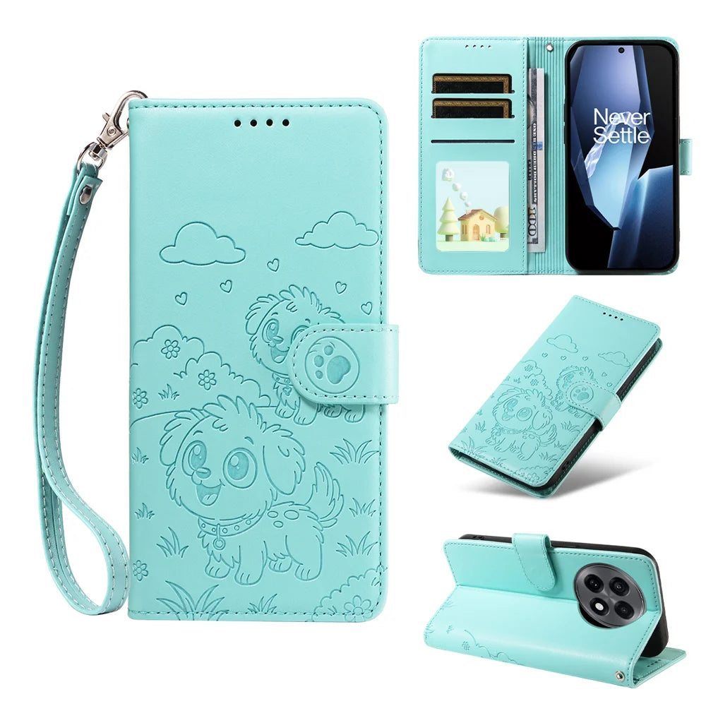 For OnePlus Ace 5 5G / OnePlus Ace 5 Pro 5G / OnePlus 13R 5G Case RFID Blocking Imprinted Dog Pattern PU Leather Phone Cover with Wrist Strap - Green - 2