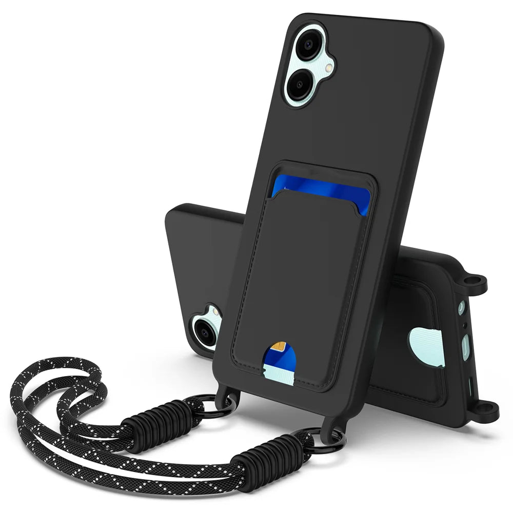 For Samsung Galaxy A06 5G Liquid Silicone Case  Phone Back Cover with Card Holder and Short Strap - Black - 1
