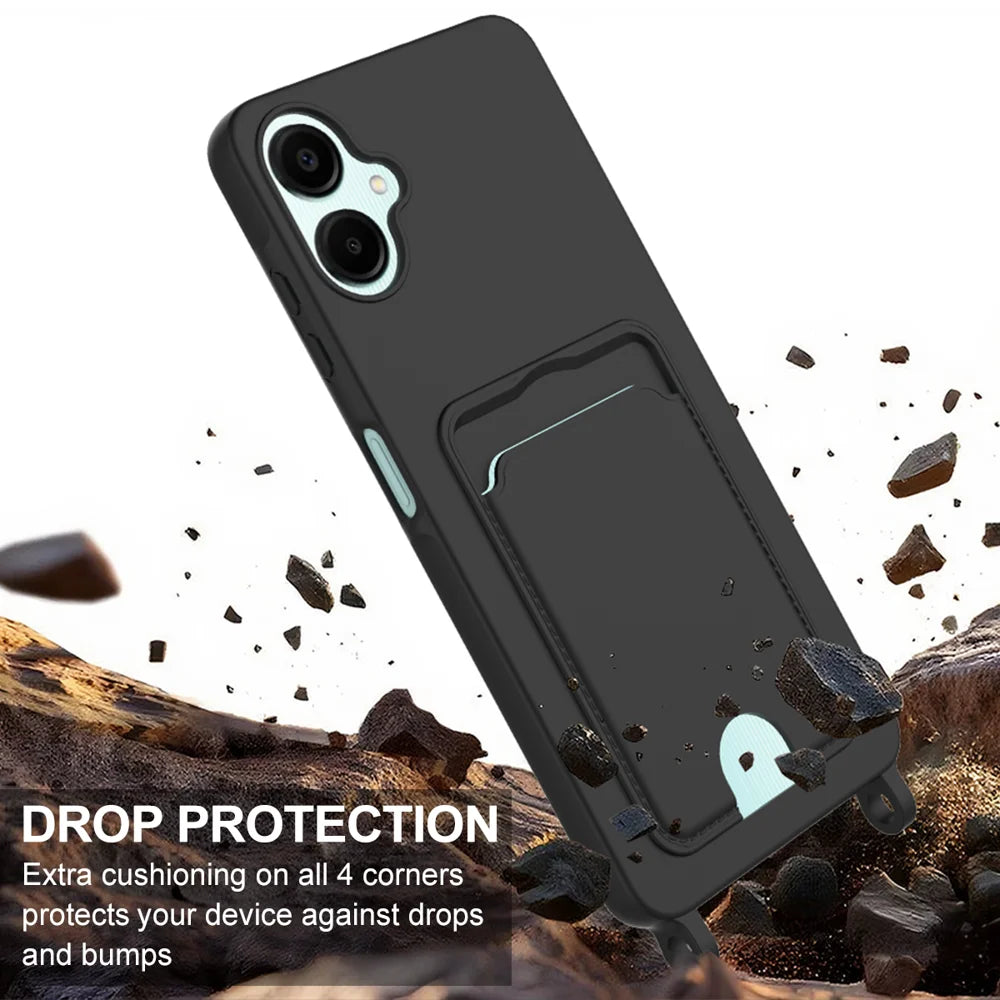 For Samsung Galaxy A06 5G Liquid Silicone Case  Phone Back Cover with Card Holder and Short Strap - Black - 5