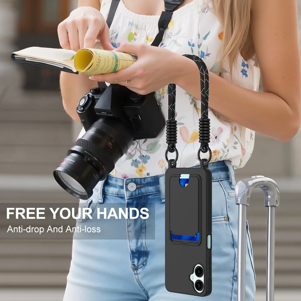 For Samsung Galaxy A06 4G Liquid Silicone Case  Phone Back Cover with Card Holder and Short Strap - Black - 2