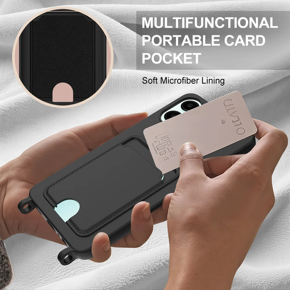 For Samsung Galaxy A06 4G Liquid Silicone Case  Phone Back Cover with Card Holder and Short Strap - Black - 6