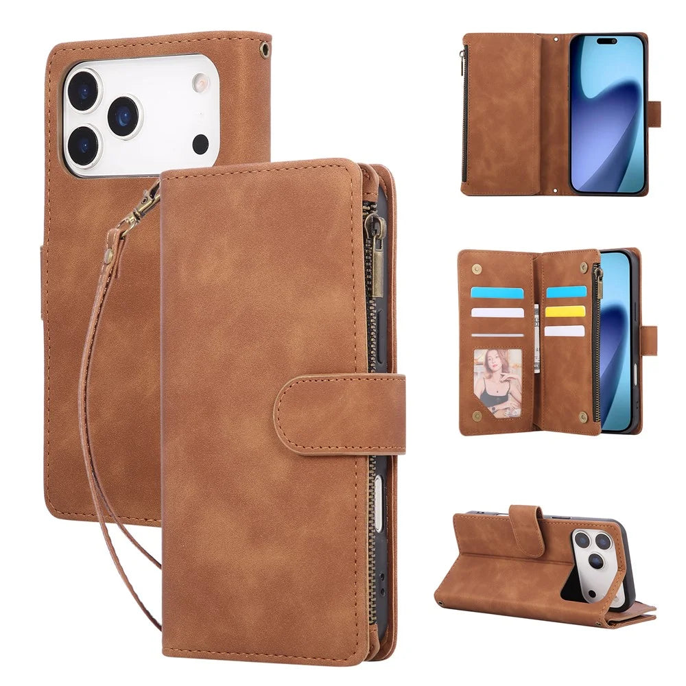 For iPhone 18 Pro Max / 17 Pro Max Case Zipper Wallet Multiple Card Slots Leather Phone Cover with Wrist Strap - Brown - 1