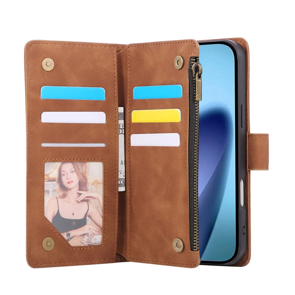 For iPhone 18 Pro Max / 17 Pro Max Case Zipper Wallet Multiple Card Slots Leather Phone Cover with Wrist Strap - Brown - 2
