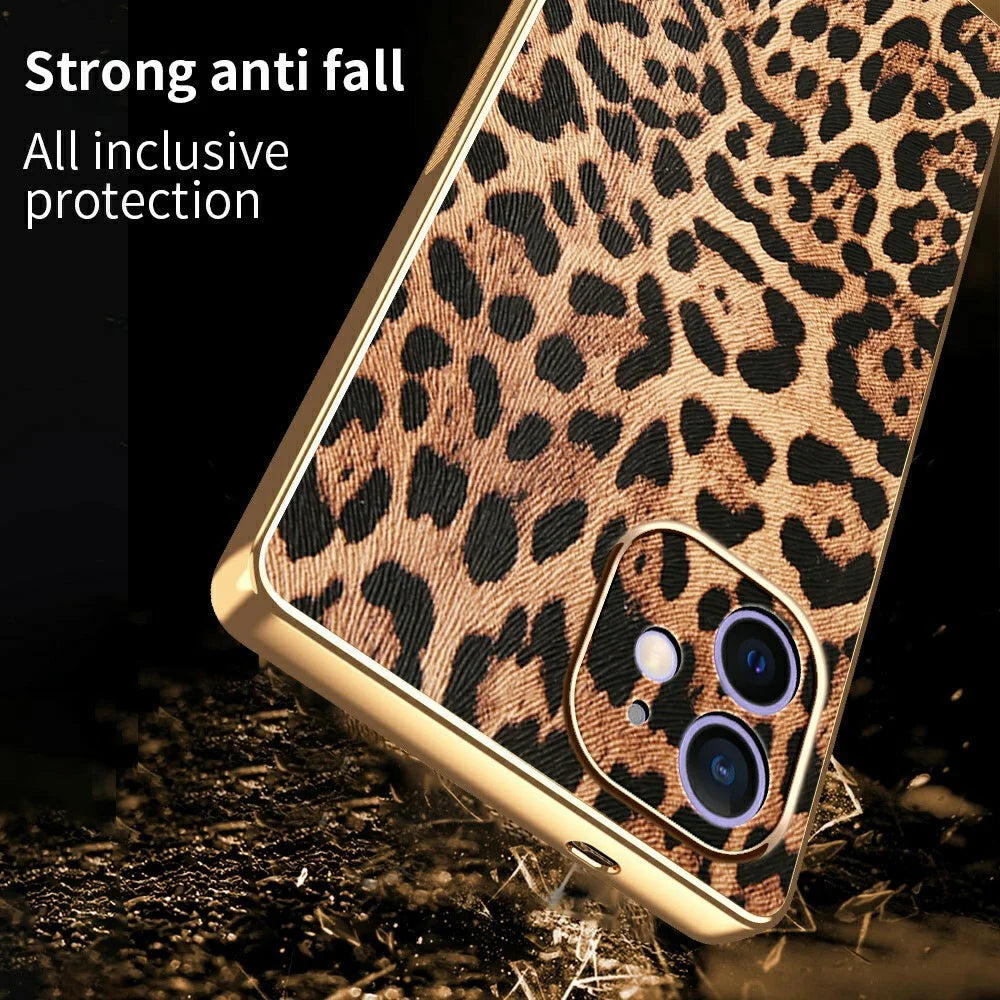 For iPhone 12 Case Leopard Print PU Leather Coated PC + TPU Electroplating Phone Cover - 2