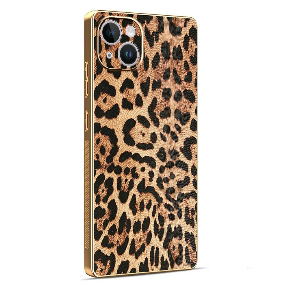 For iPhone 14 Plus Case Leopard Print PU Leather Coated PC + TPU Electroplating Phone Cover - 1