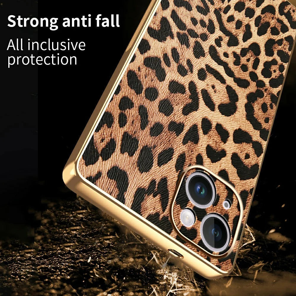 For iPhone 14 Plus Case Leopard Print PU Leather Coated PC + TPU Electroplating Phone Cover - 2