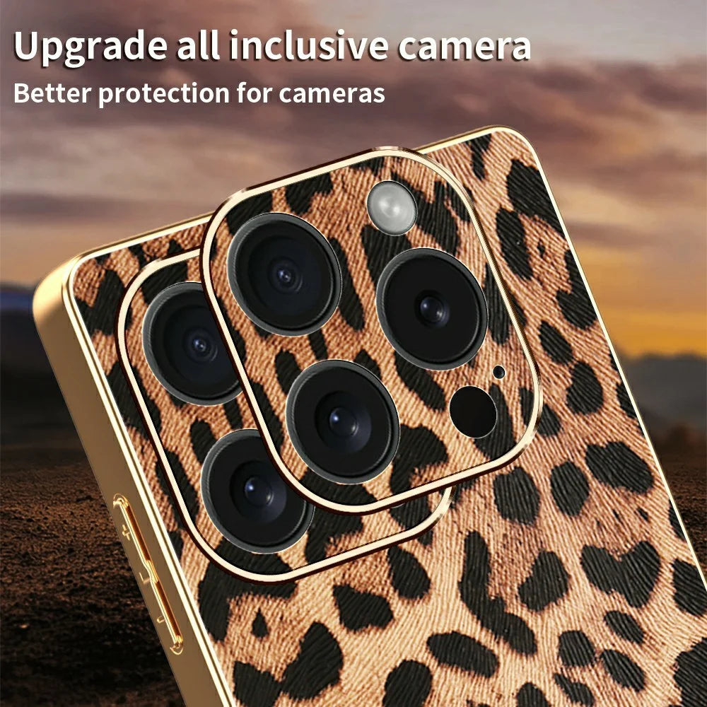 For iPhone 15 Pro Case Leopard Print PU Leather Coated PC + TPU Electroplating Phone Cover - 4