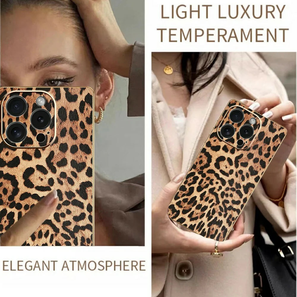 For iPhone 15 Pro Case Leopard Print PU Leather Coated PC + TPU Electroplating Phone Cover - 5