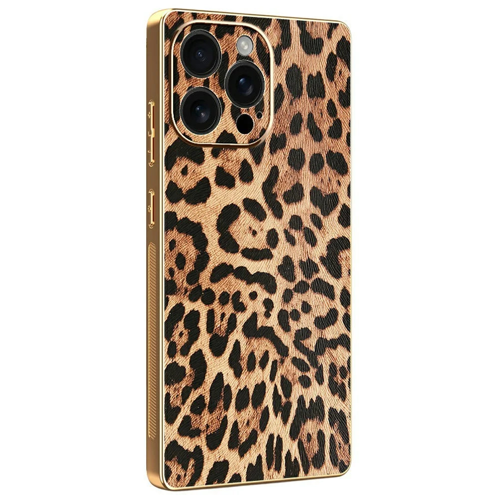 For iPhone 16 Pro Max Case Leopard Print PU Leather Coated PC + TPU Electroplating Phone Cover - 1