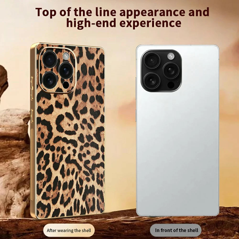 For iPhone 16 Pro Max Case Leopard Print PU Leather Coated PC + TPU Electroplating Phone Cover - 3