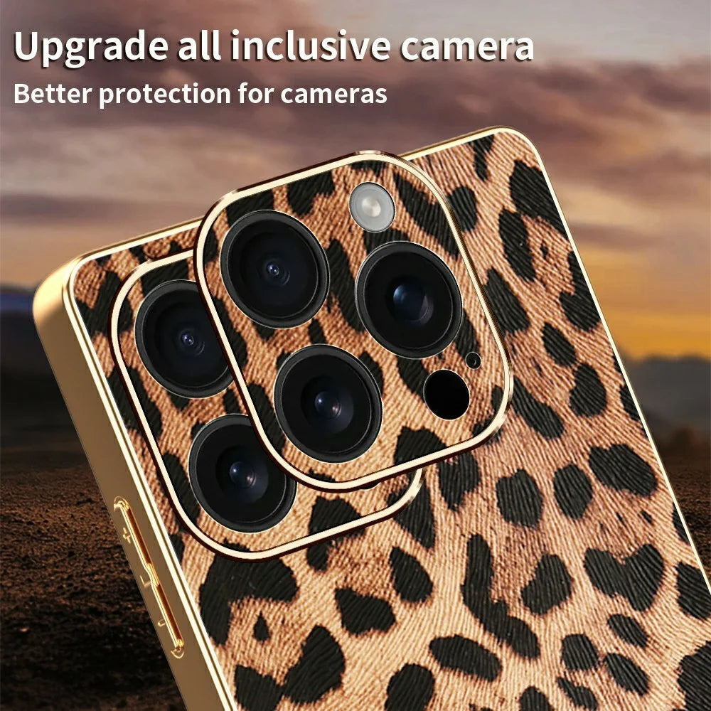 For iPhone 16 Pro Max Case Leopard Print PU Leather Coated PC + TPU Electroplating Phone Cover - 4
