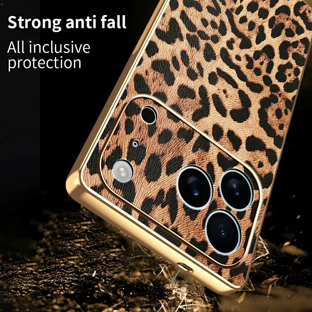 For iPhone 17 Pro Max Case Leopard Print PU Leather Coated PC + TPU Electroplating Phone Cover - 2
