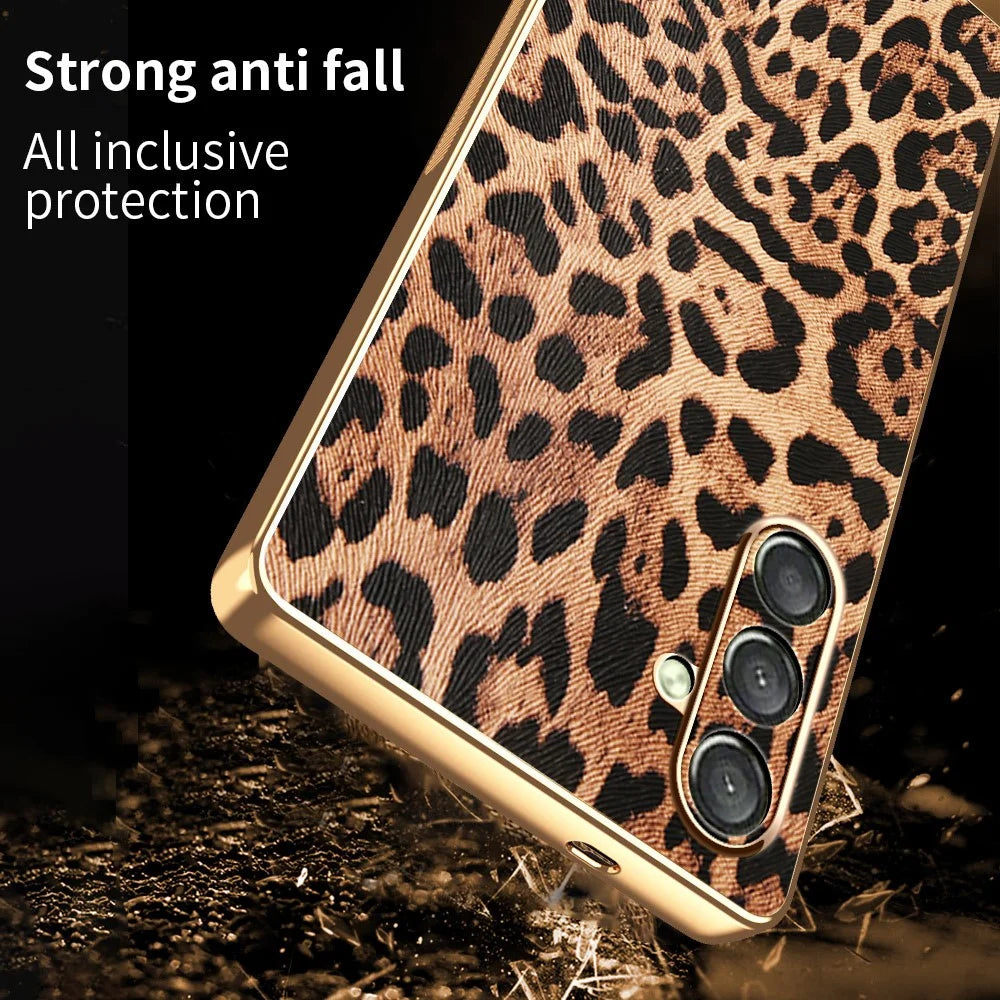 For Samsung Galaxy A14 4G / 5G Case Leopard Print PU Leather Coated PC + TPU Electroplating Phone Cover - 3