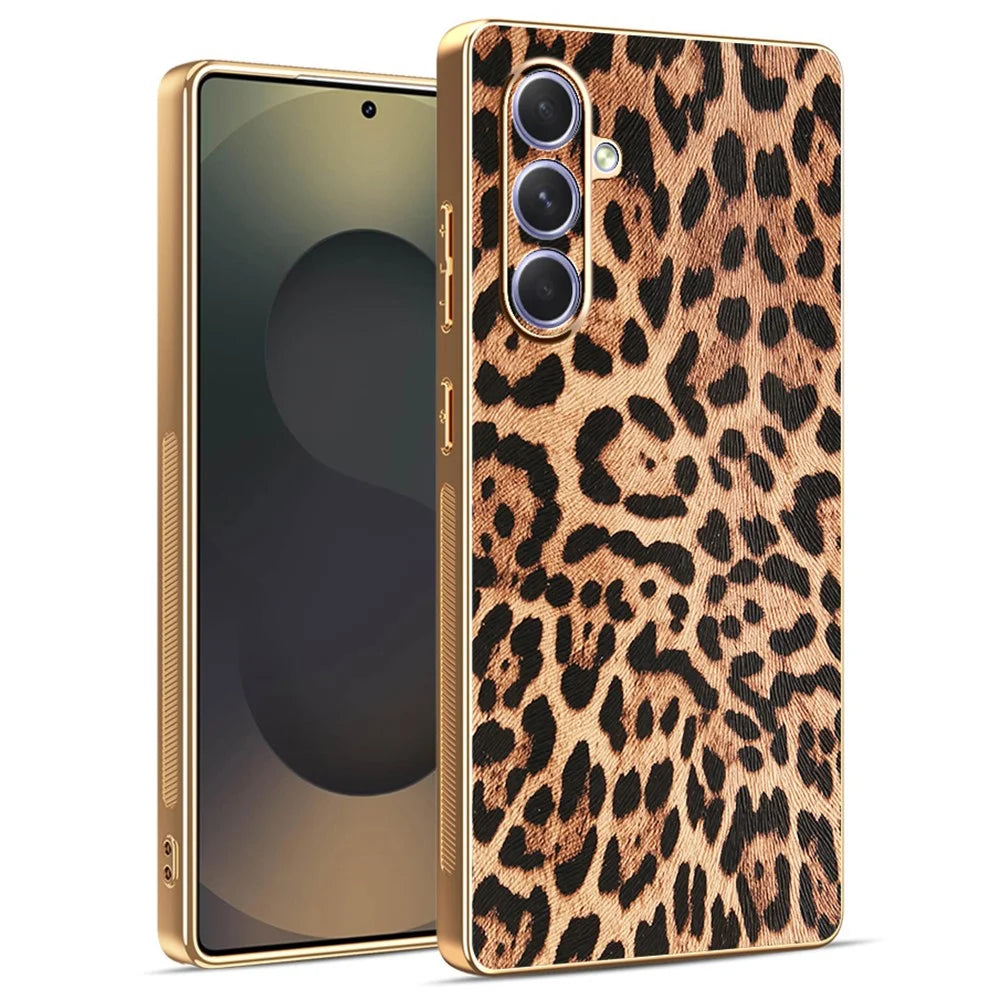 For Samsung Galaxy A55 5G Case Leopard Print PU Leather Coated PC + TPU Electroplating Phone Cover - 1