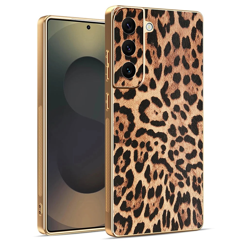 For Samsung Galaxy S22 5G Case Leopard Print PU Leather Coated PC + TPU Electroplating Phone Cover - 1