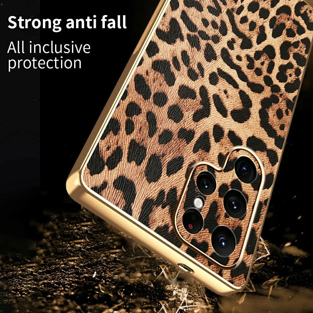 For Samsung Galaxy S22 Ultra 5G Case Leopard Print PU Leather Coated PC + TPU Electroplating Phone Cover - 2