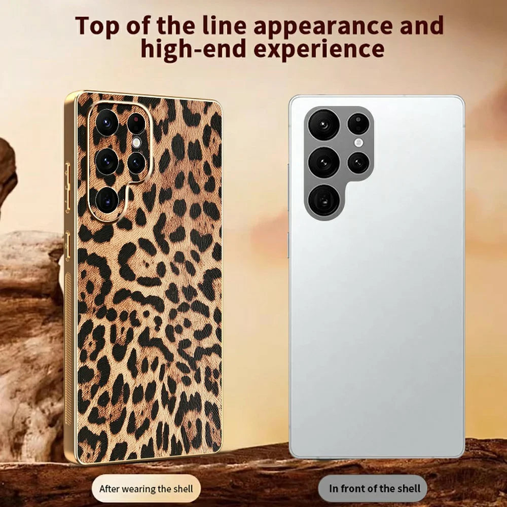 For Samsung Galaxy S22 Ultra 5G Case Leopard Print PU Leather Coated PC + TPU Electroplating Phone Cover - 3