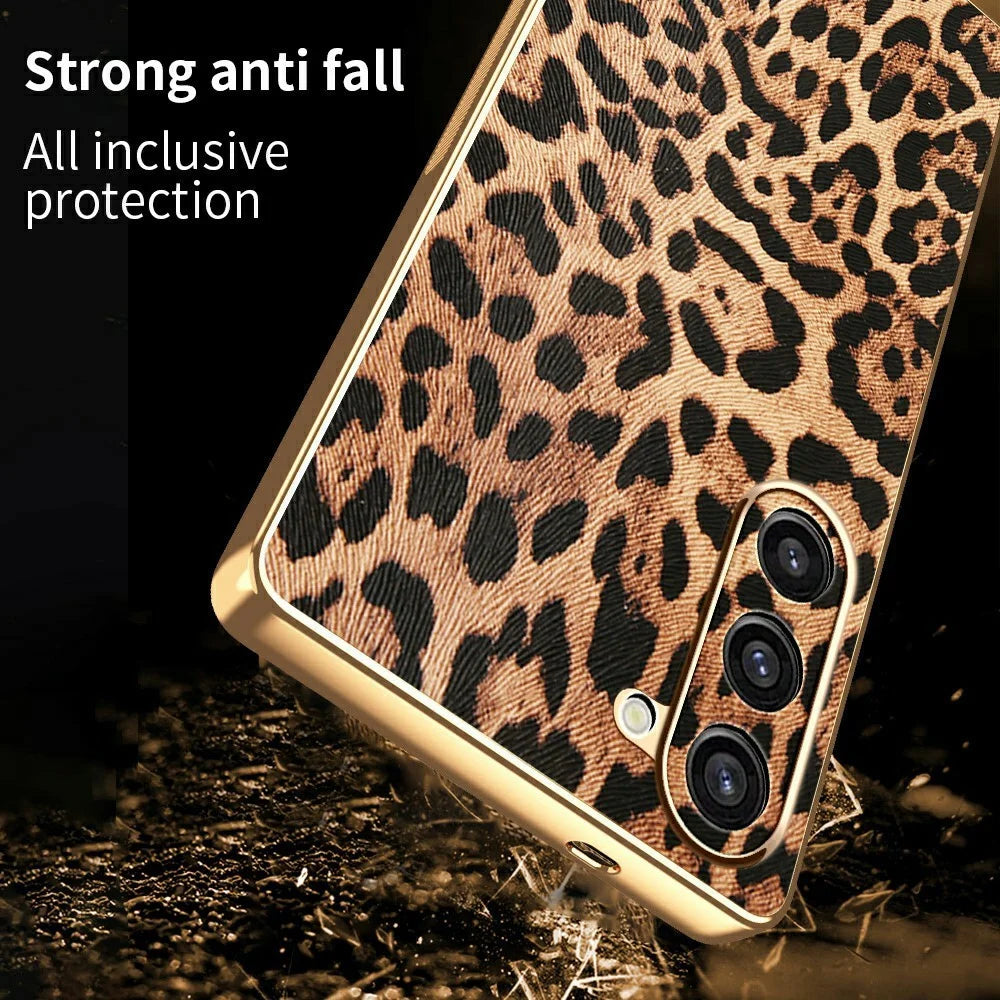 For Samsung Galaxy S23+ Case Leopard Print PU Leather Coated PC + TPU Electroplating Phone Cover - 2