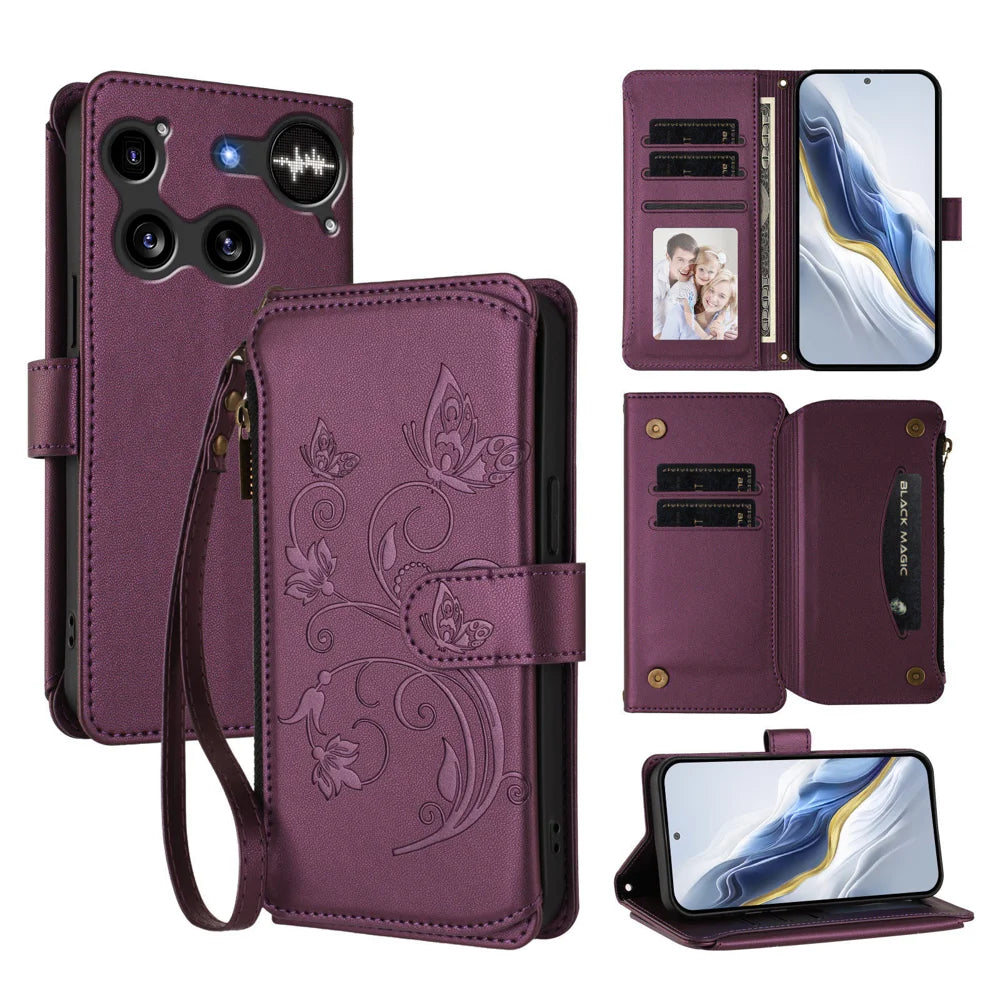 For Nothing Phone (3) 5G Leather Case Butterfly Floral Imprint Zipper Wallet Stand Cover with Wrist Strap - Purple - 1