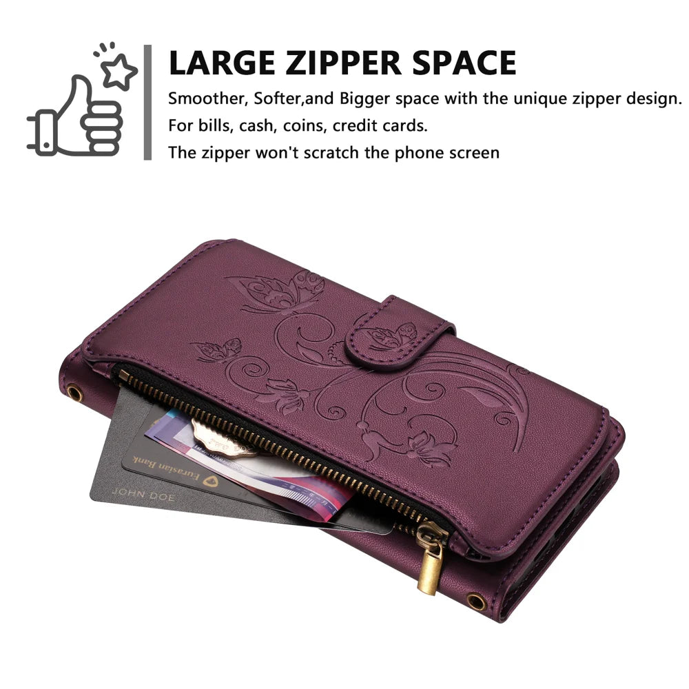 For Nothing Phone (3) 5G Leather Case Butterfly Floral Imprint Zipper Wallet Stand Cover with Wrist Strap - Purple - 6