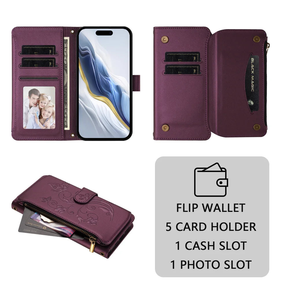 For Nothing Phone (3) 5G Leather Case Butterfly Floral Imprint Zipper Wallet Stand Cover with Wrist Strap - Purple - 7