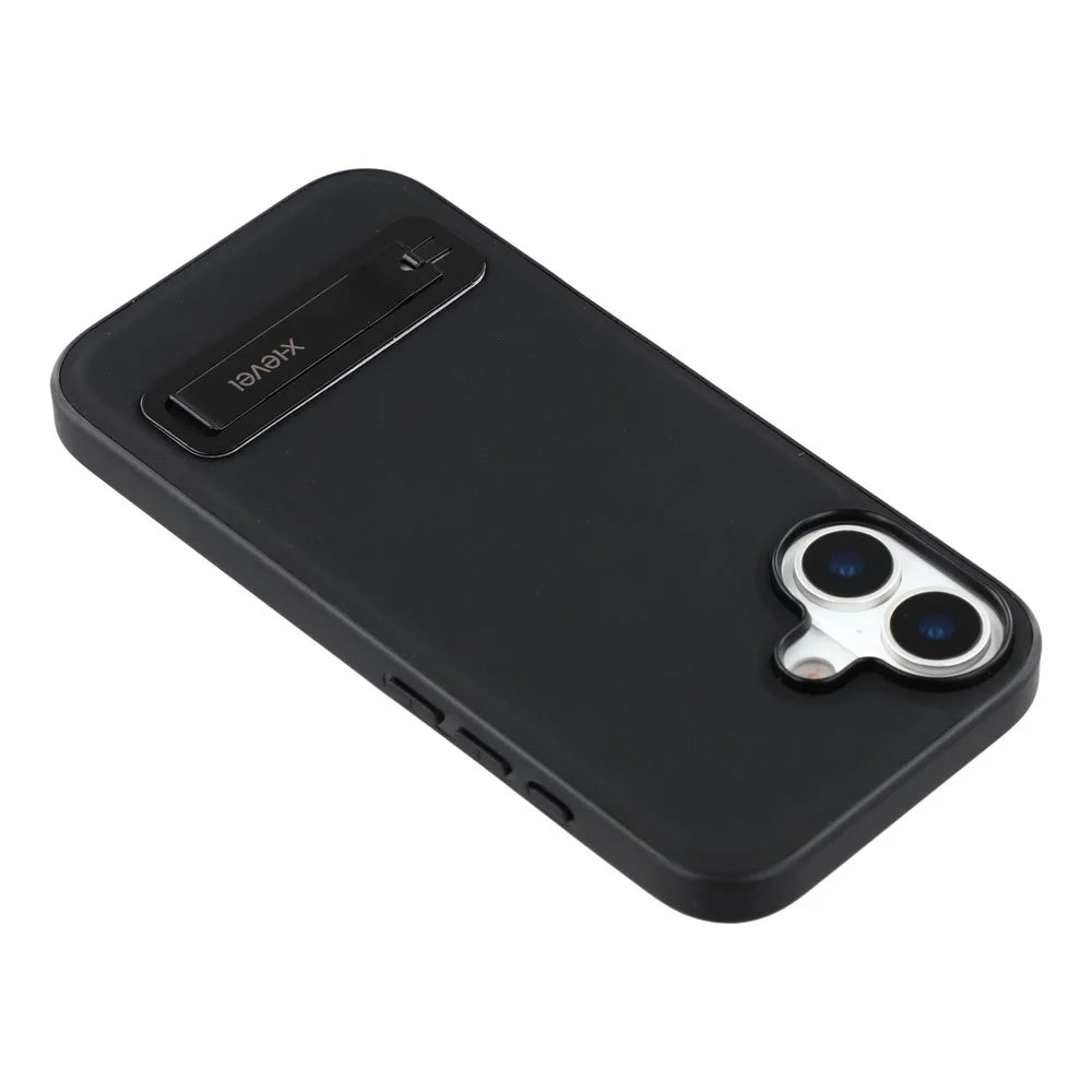 X-LEVEL For iPhone 17 Case Leather Coated PC TPU Phone Back Cover with Metal Kickstand - Black - 6