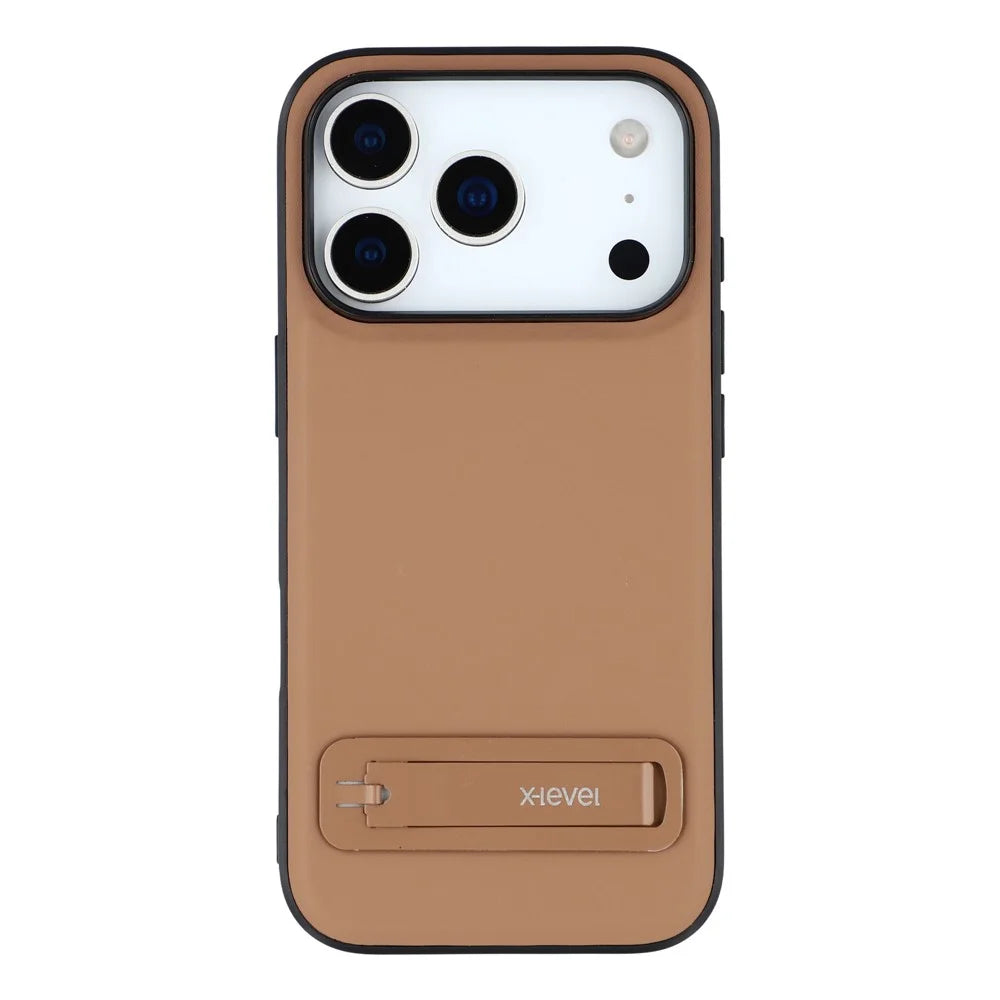 X-LEVEL For iPhone 17 Pro Max Case Leather Coated PC TPU Phone Back Cover with Metal Kickstand - Brown - 3