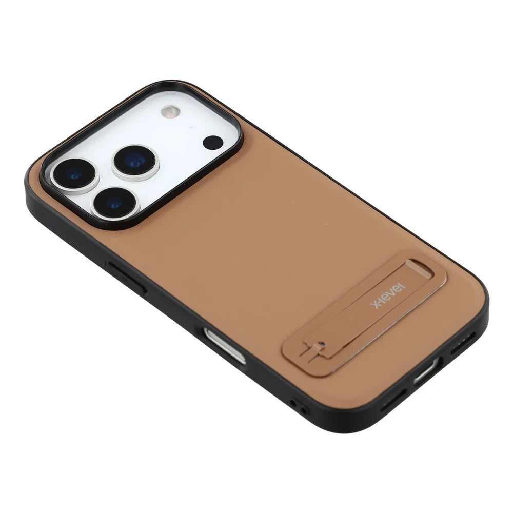 X-LEVEL For iPhone 17 Pro Max Case Leather Coated PC TPU Phone Back Cover with Metal Kickstand - Brown - 5