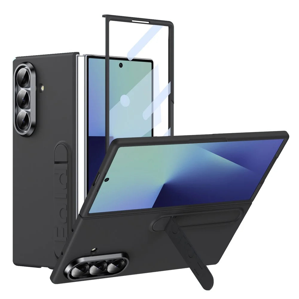 For Samsung Galaxy Z Fold7 5G Phone Case Kickstand PC Cover with Tempered Glass Screen Protector - Black - 1