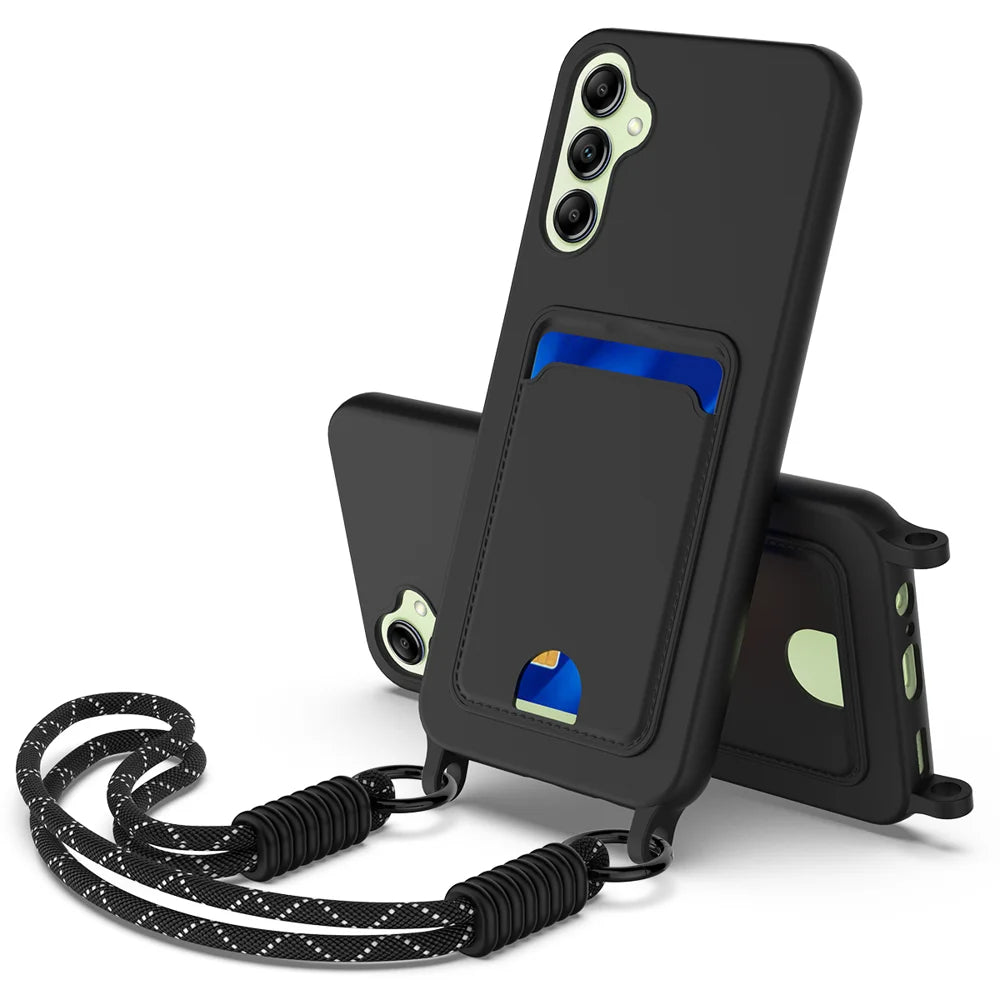 For Samsung Galaxy A16 5G / Galaxy A16 4G Liquid Silicone Case  Phone Back Cover with Card Holder and Short Strap - Black - 1