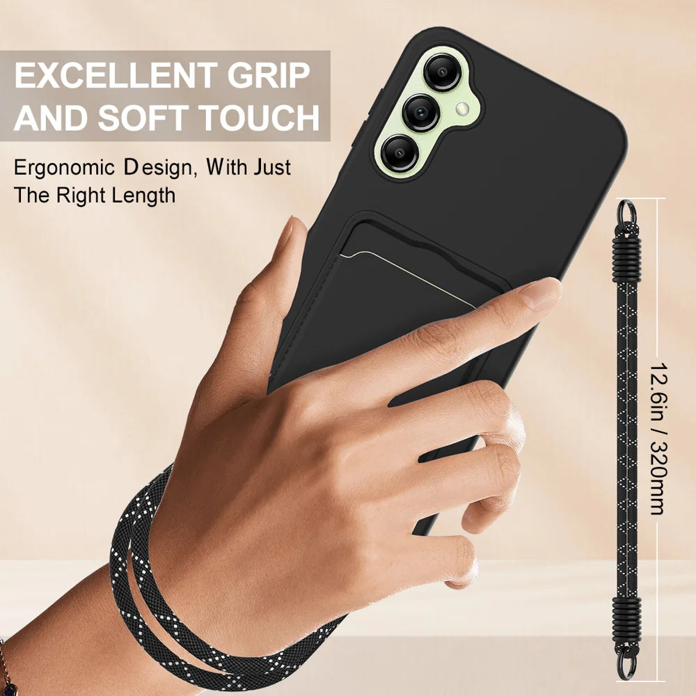 For Samsung Galaxy A16 5G / Galaxy A16 4G Liquid Silicone Case  Phone Back Cover with Card Holder and Short Strap - Black - 3