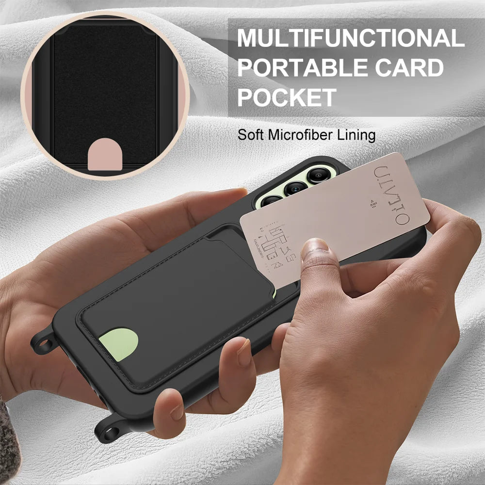 For Samsung Galaxy A16 5G / Galaxy A16 4G Liquid Silicone Case  Phone Back Cover with Card Holder and Short Strap - Black - 6
