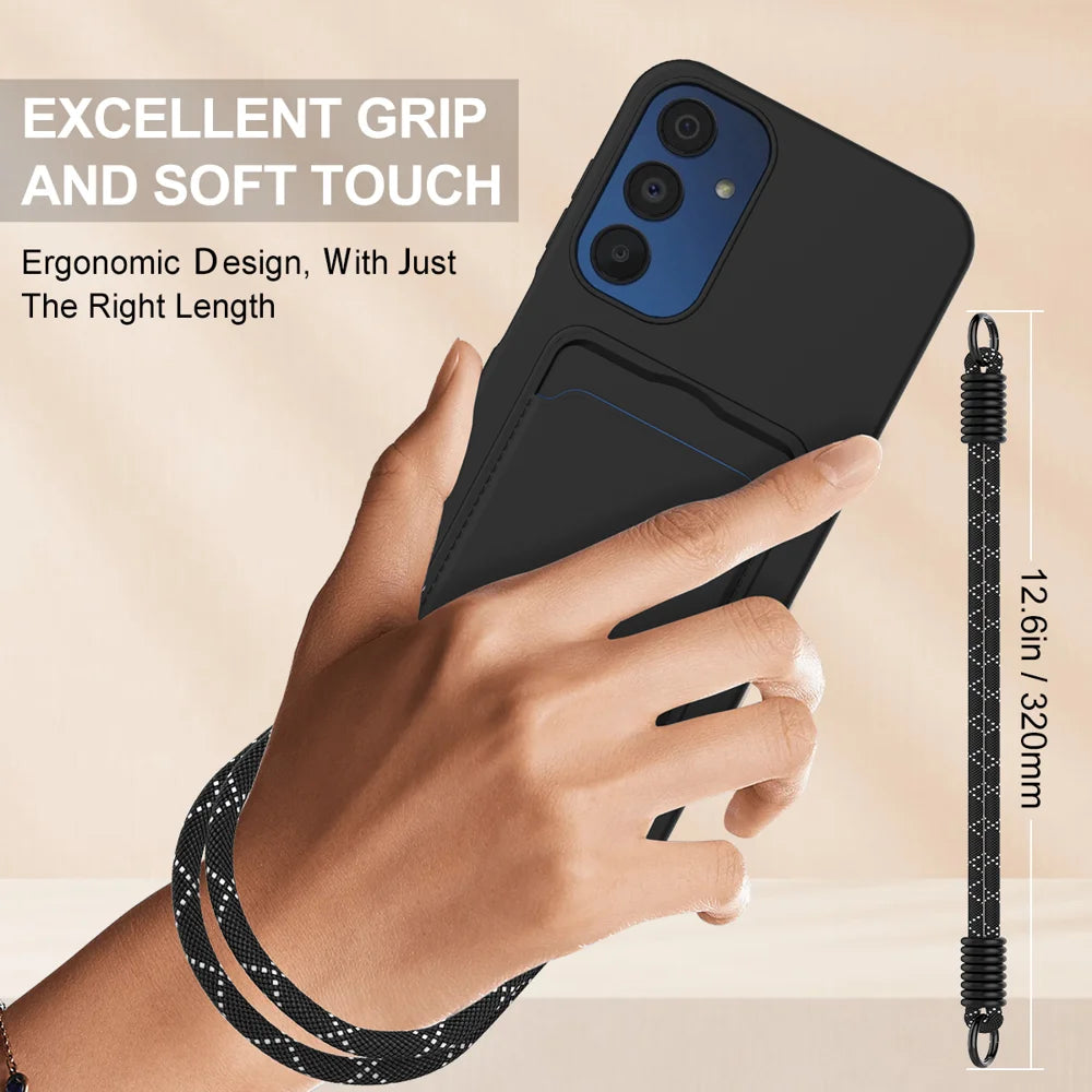 For Samsung Galaxy A55 5G Liquid Silicone Case  Phone Back Cover with Card Holder and Short Strap - Black - 3