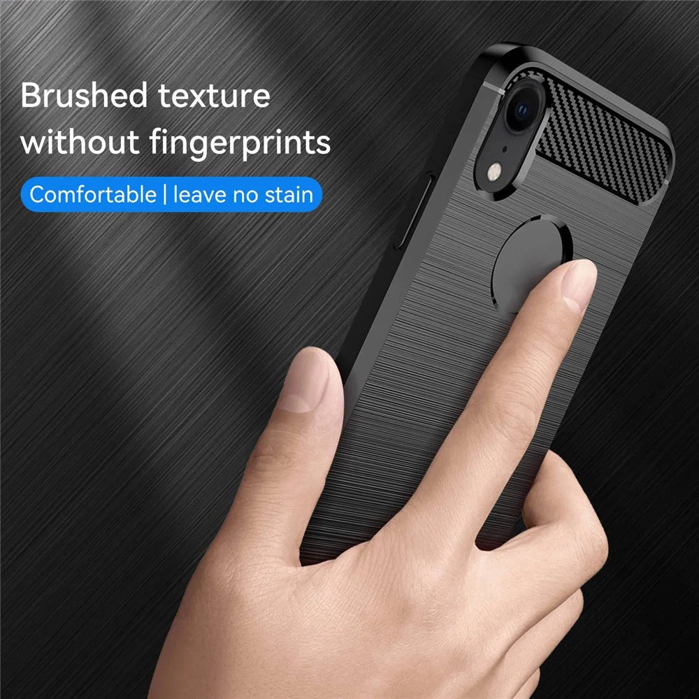 For iPhone XR 6.1 inch Drop Protection Flexible TPU Phone Back Cover Brushed Carbon Fiber Texture Cell Phone Case - Black - 3