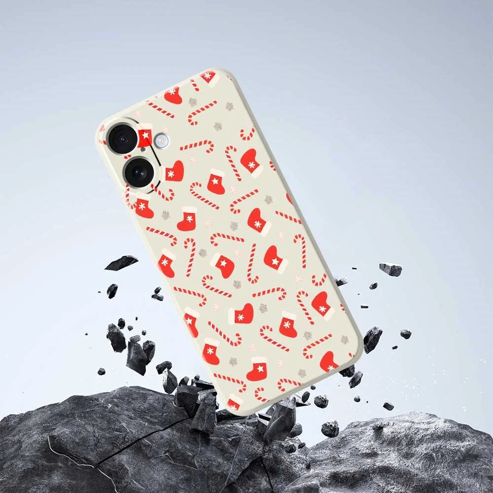 For iPhone 17 Case Red Canes and Stockings Pattern Printing Straight Edge TPU Phone Back Cover - Beige - 5