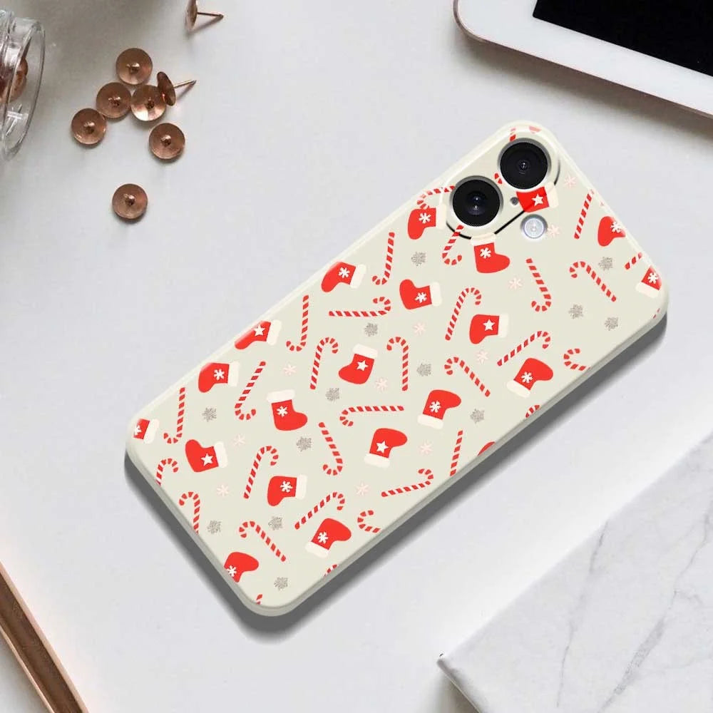 For iPhone 17 Case Red Canes and Stockings Pattern Printing Straight Edge TPU Phone Back Cover - Beige - 6