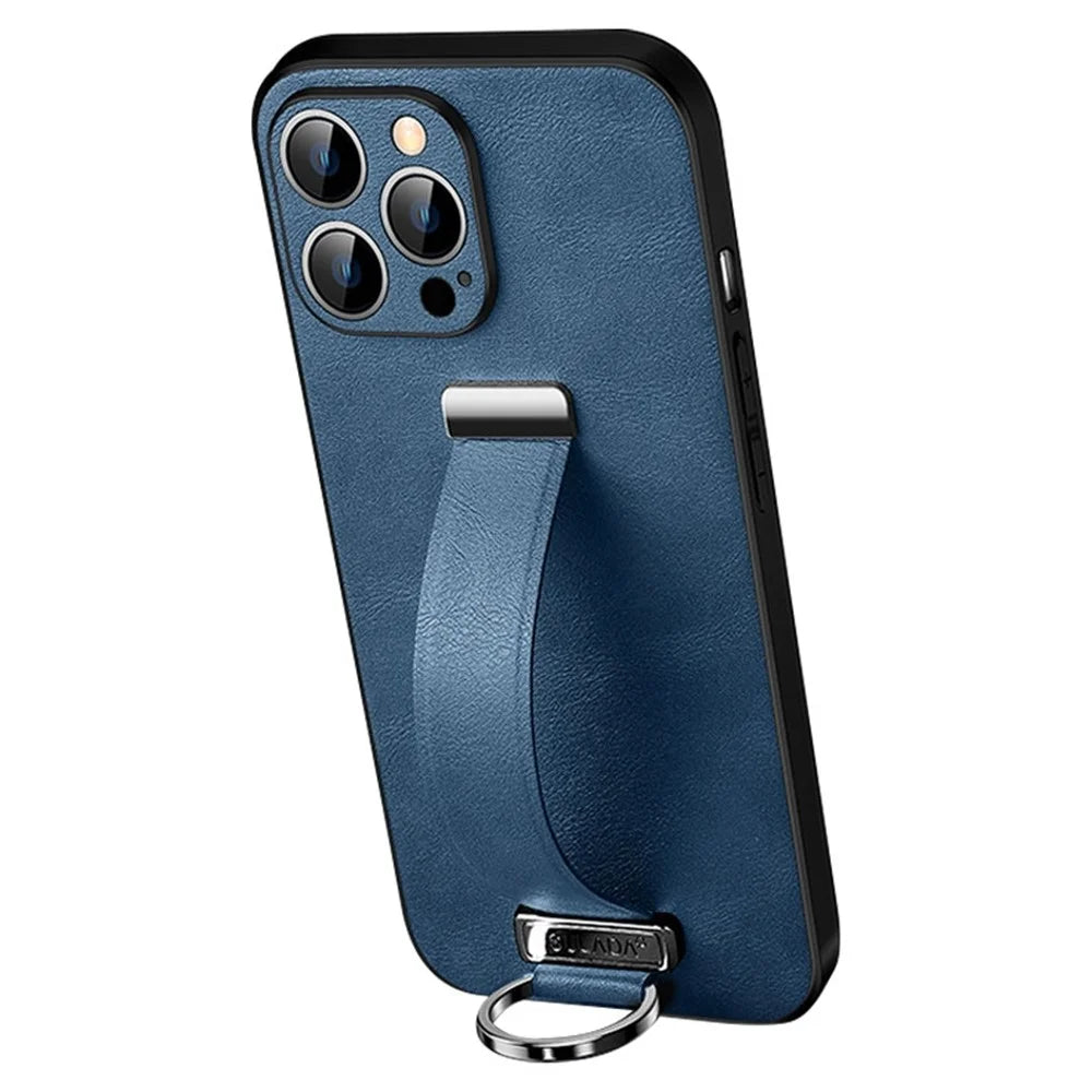 SULADA Fashion Series for iPhone 14 Pro Retractable Wristband Kickstand Phone Case Crazy Horse Texture Leather Coated PC + TPU Cover - Blue - 1